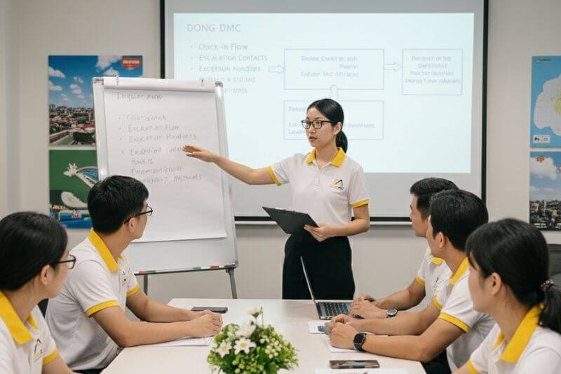 Pre-arrival operations briefing with guides reviewing check-in flow, escalation contacts, and exception handling roles